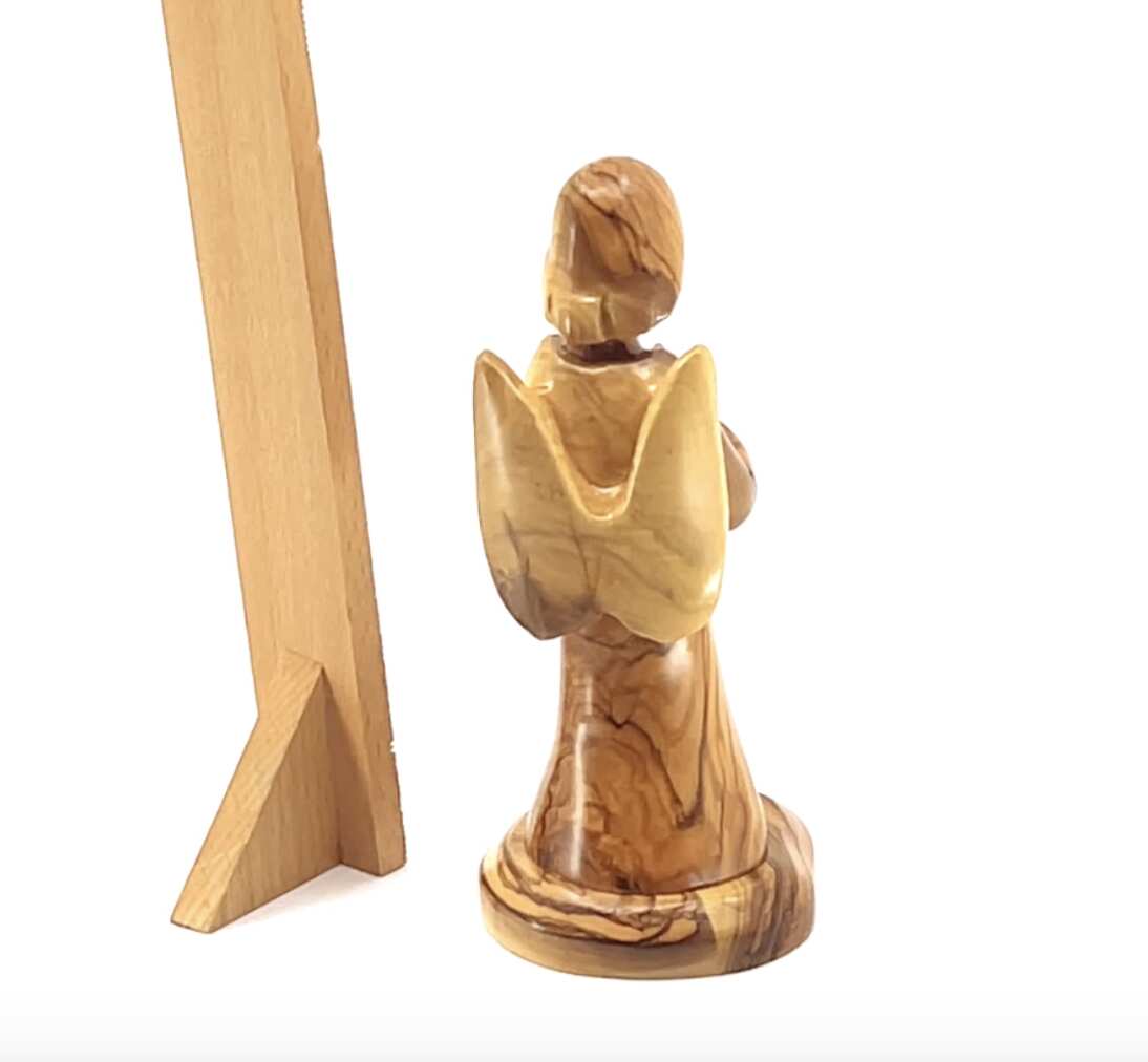 Angel Praying with Wings Carving, 6.7" Olive Wood Nativity Figurine