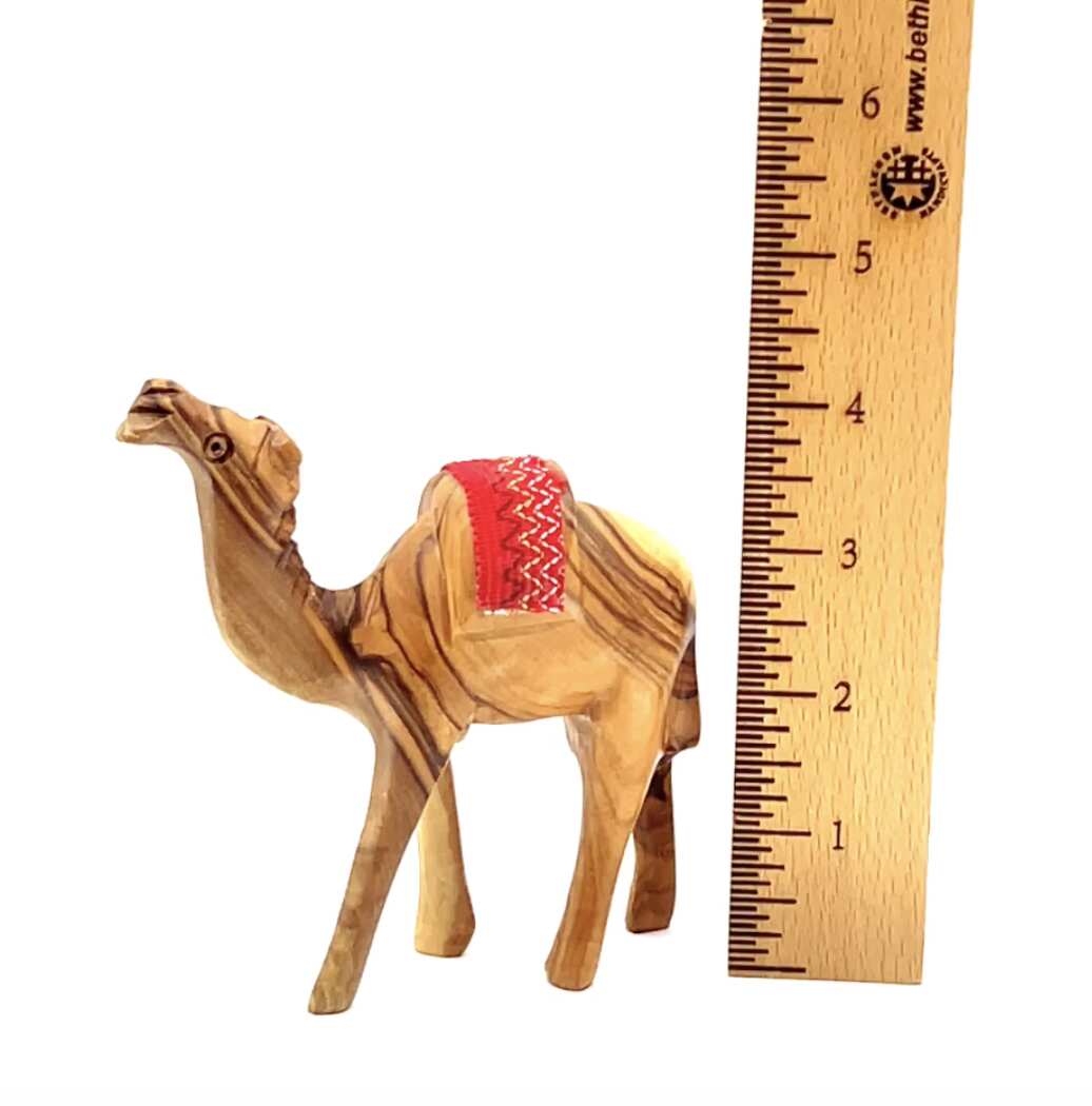 Carved Wood Camel with Red Saddle, Nativity Figurine 4.5"