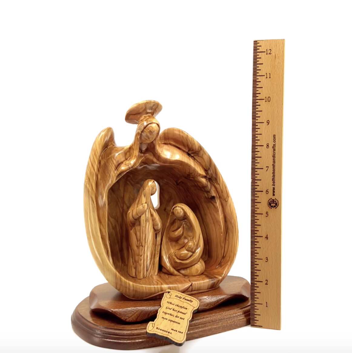 Holy Family with Angel Nativity, 10.2" Carved Abstract Olive Wood Statue from Holy Land