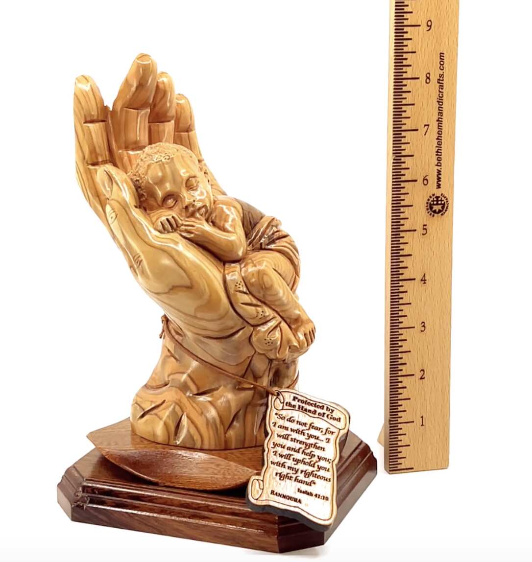 “Protected by the Hand of God” Sculpture 8.5" Tall, Made from Holy Land Olive Wood