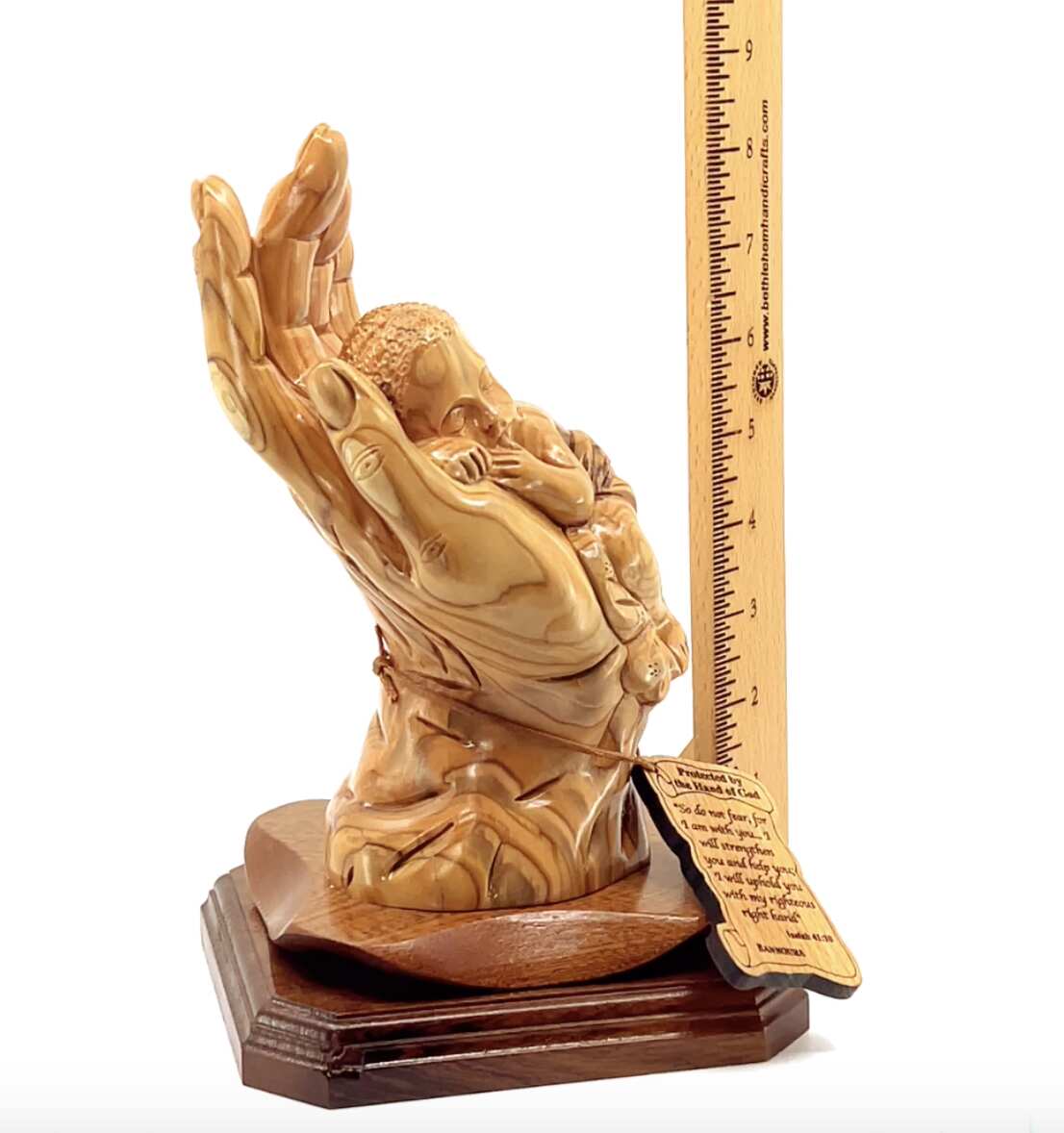 “Protected by the Hand of God” Sculpture 8.5" Tall, Made from Holy Land Olive Wood