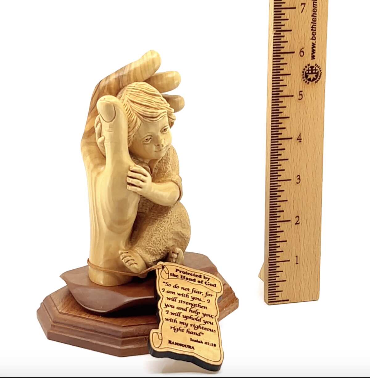 Baby Boy Protected by the Hand of God, 6.5" Olive Wood Carving