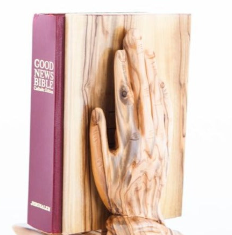 Carving of Wooden Hands Holding Bible, Olive Wood, Good News Bible, Christian Home Decor for Book Shelf