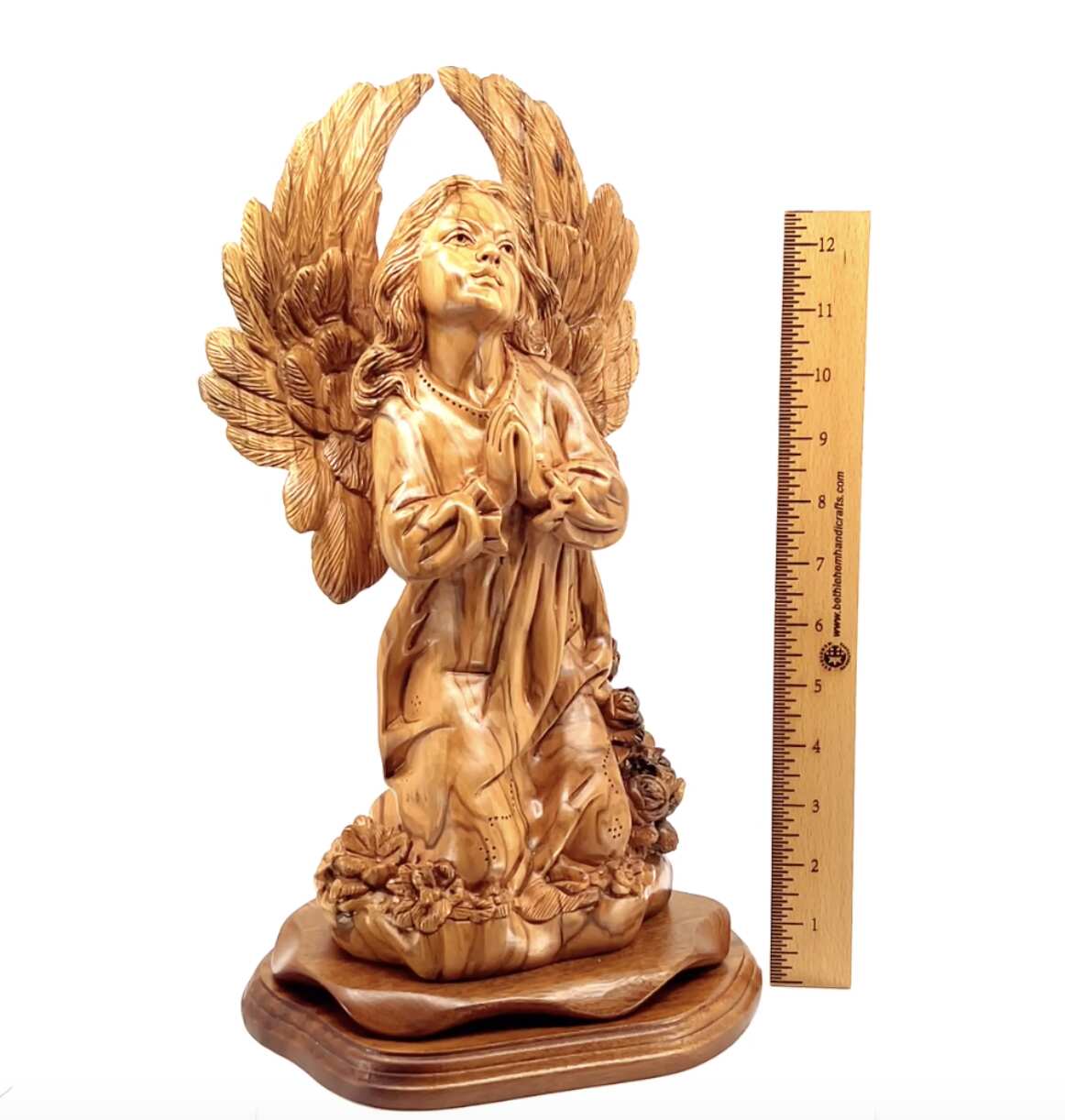 Angel with Wings Praying, 14.5" Carved Statue from Holy Land Olive Wood