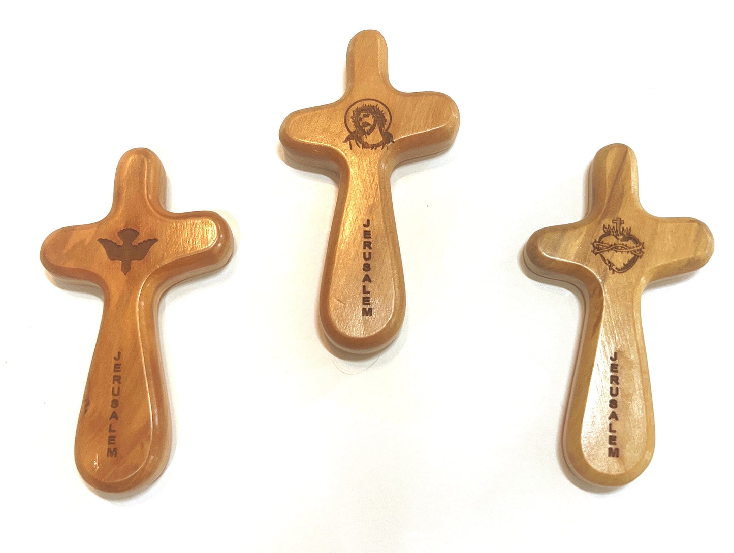 Wooden Comfort Crosses, Engraved with Scared Heart of Jesus, Holy Spirit Dove, Christ Crown of Thrones, Made in the Holy Land from Olive Wood