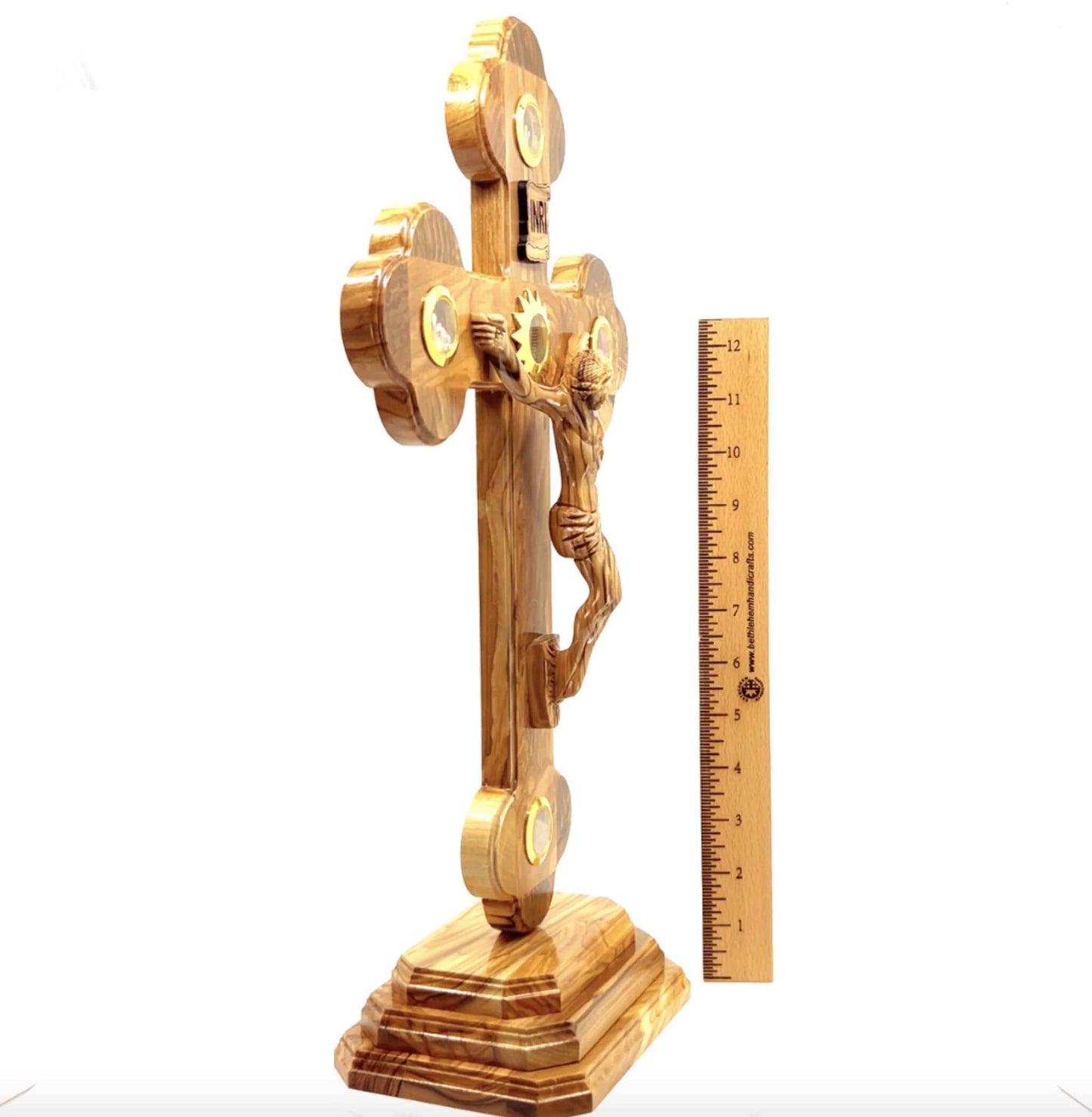 13.8" Standing Crucifix with 2.5" Base, Carved Corpus and 5 Holy Land Souvenirs