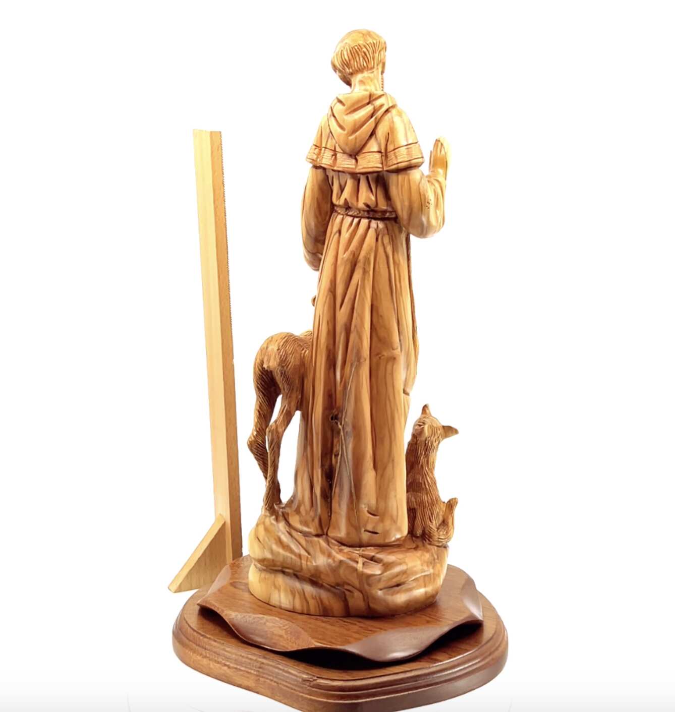 St. Frances Assisi with Deer Masterpiece, 15.4" Wood Carving from Holy Land Olive Wood