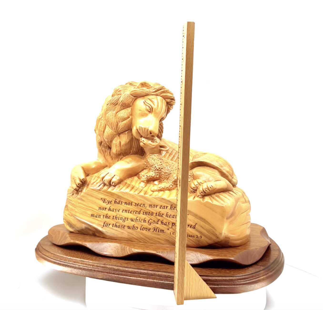 Lion with Lamb and Scripture of Corinthians, 13.8" Masterpiece Wooden Christian Carving