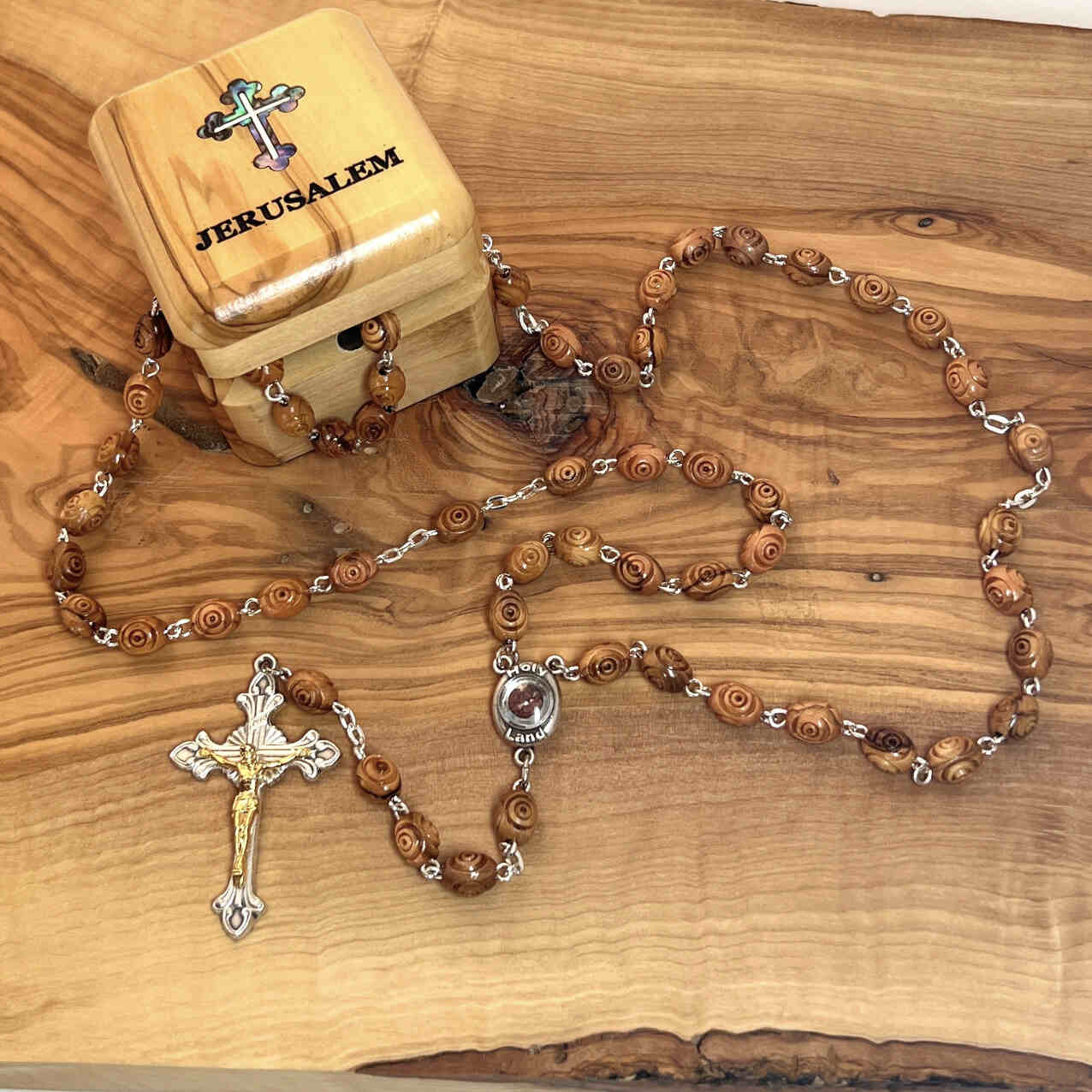 Rosary, Oval Grooved Beads, 22.4", Holy Lane Olive Wood, 2.5" Crucifix