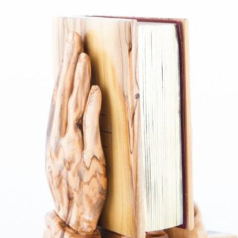 Christian Home Decor for Book Shelf, Wooden Hands Holding Bible, Olive Wood, Good News Bible