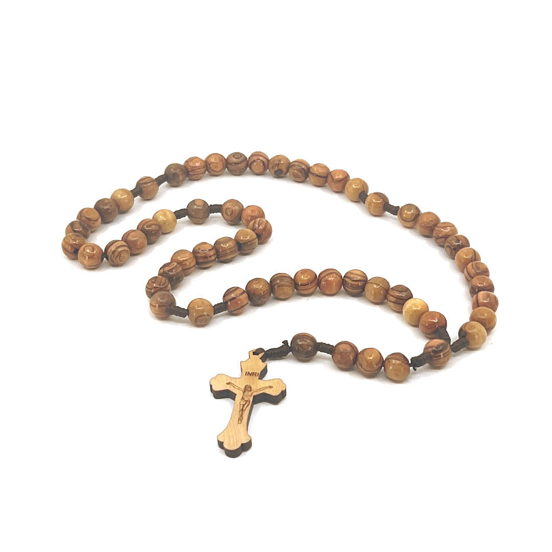 Rosary, Wooden Oval Beads with Rope Cord, 9.8" Engraved Crucifix, Holy Land Olive Wood