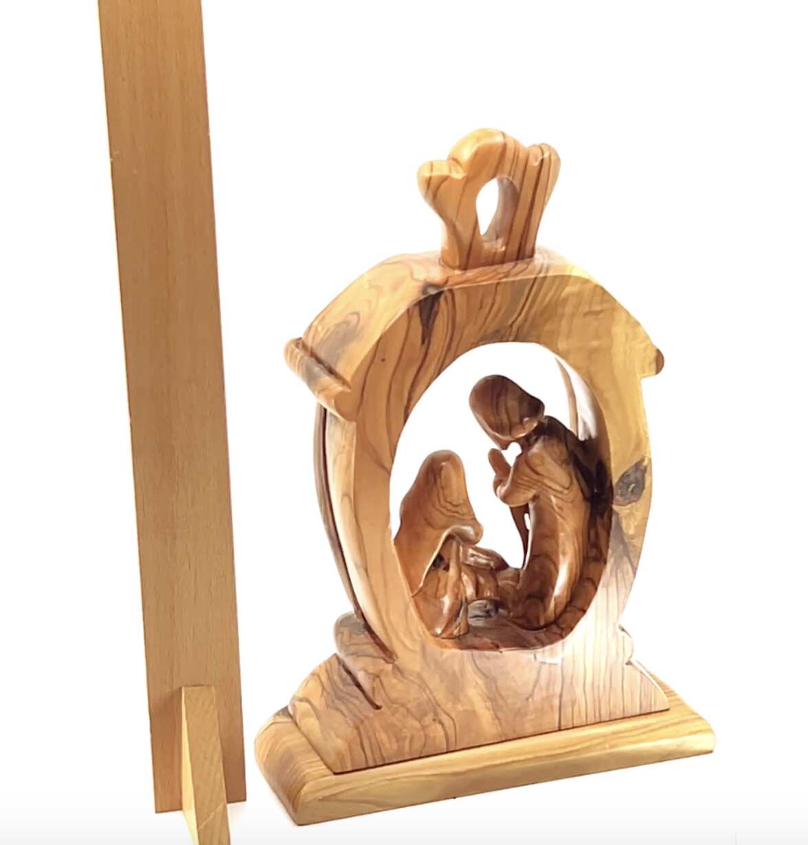 Nativity Scene with The Holy Family, 9.4" Olive Wood Carving from Holy Land, Abstract Christmas Standing Ornament