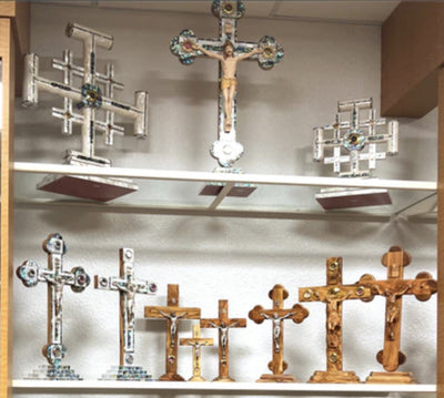 Standing Handmade Crucifixes, Carved Olive Wood and Mother of Pearl 