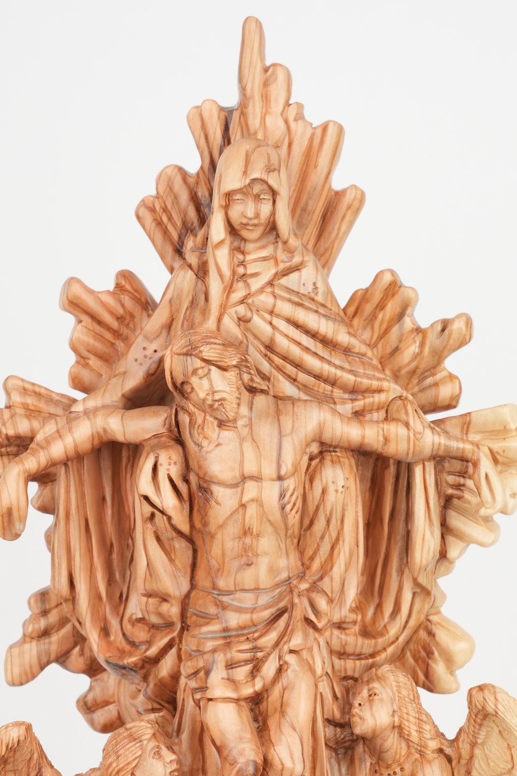 Jesus Christ statue hand carved from Bethlehem olive wood, side angle of the olive wood sculpture