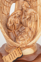 Holy Family olive wood statue hand carved in Bethlehem, 11.8 inch back view of the olive wood sculpture