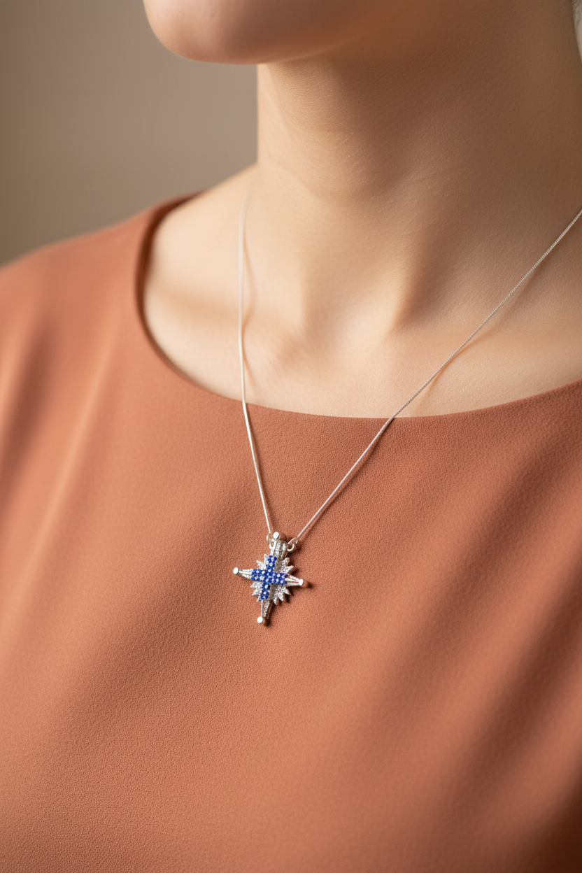 Two Way Magnetic Jerusalem Cross Necklace, Blue Gemstones