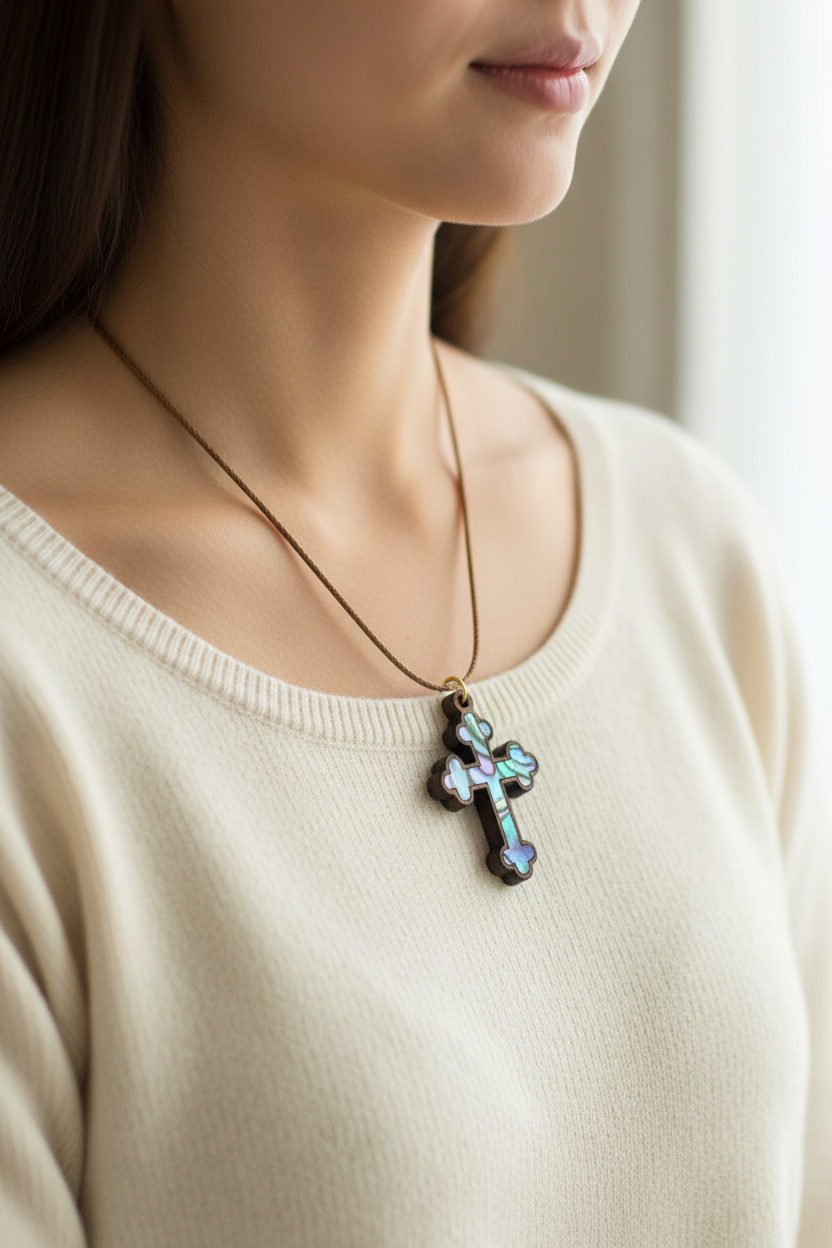 Colorful Mother of Pearl Budded Cross Necklace