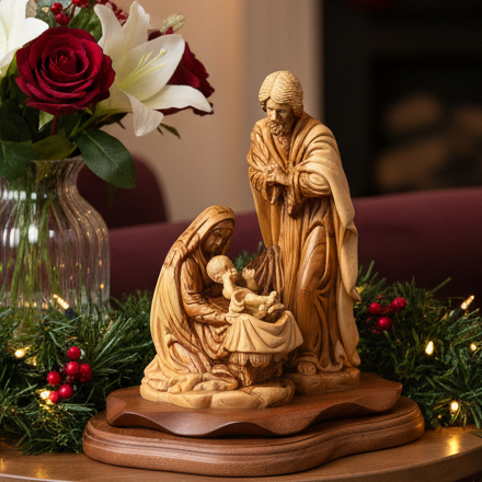Olive wood nativity scene hand carved in Bethlehem, 11.8 inch front view of the olive wood masterpiece