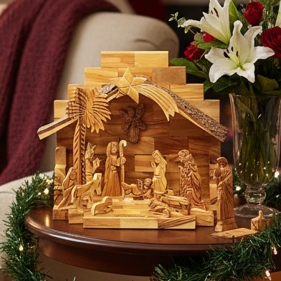 Olive wood nativity scene hand carved in Bethlehem, 9.1 inch front view of the olive wood masterpiece