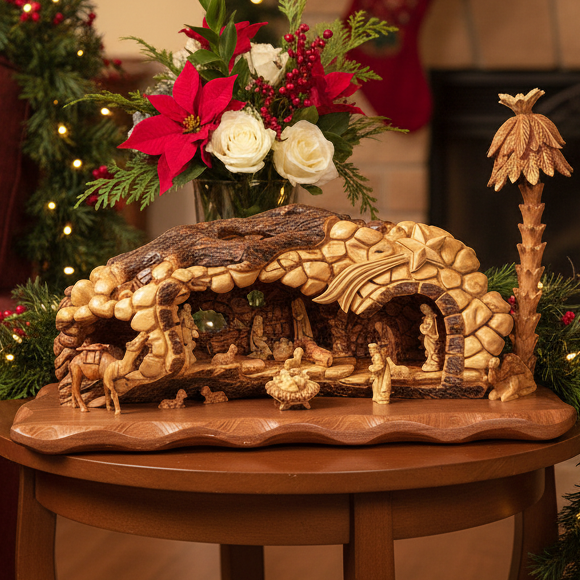 Unique Nativity Set Scene Masterpiece, 36" Olive Wood Carved Sculpture from the Holy Land
