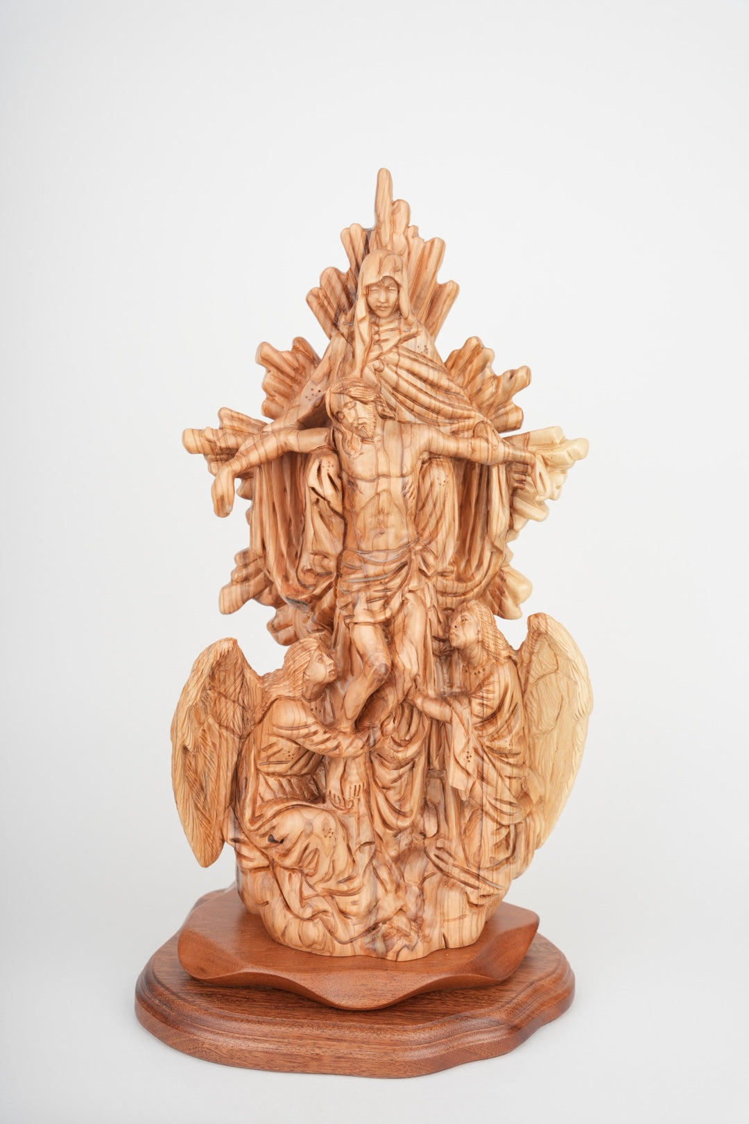 Jesus Christ statue hand carved from Bethlehem olive wood, front view of the olive wood masterpiece