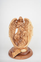 Holy Family olive wood statue hand carved in Bethlehem, 11.8 inch front view of the olive wood masterpiece