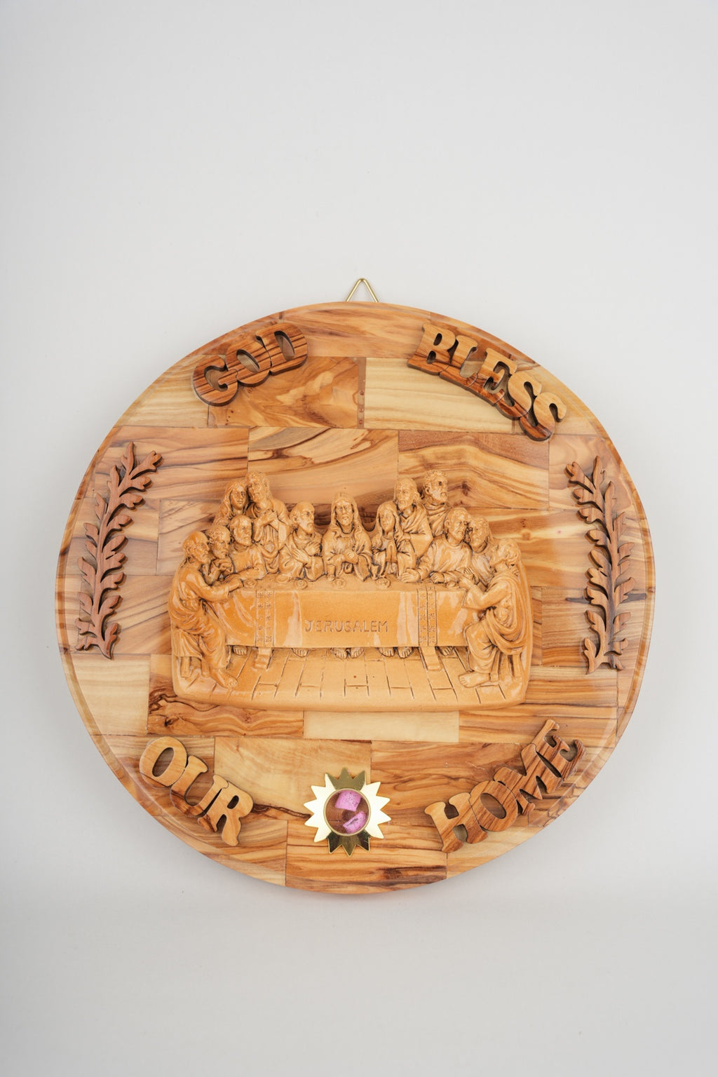 Last Supper olive wood statue hand carved in Bethlehem, 10.2 inch side angle of the olive wood sculpture