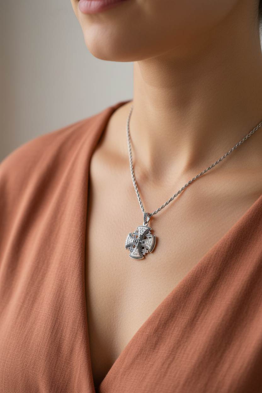 Jerusalem Cross Necklace with Gemstones (S), Sterling