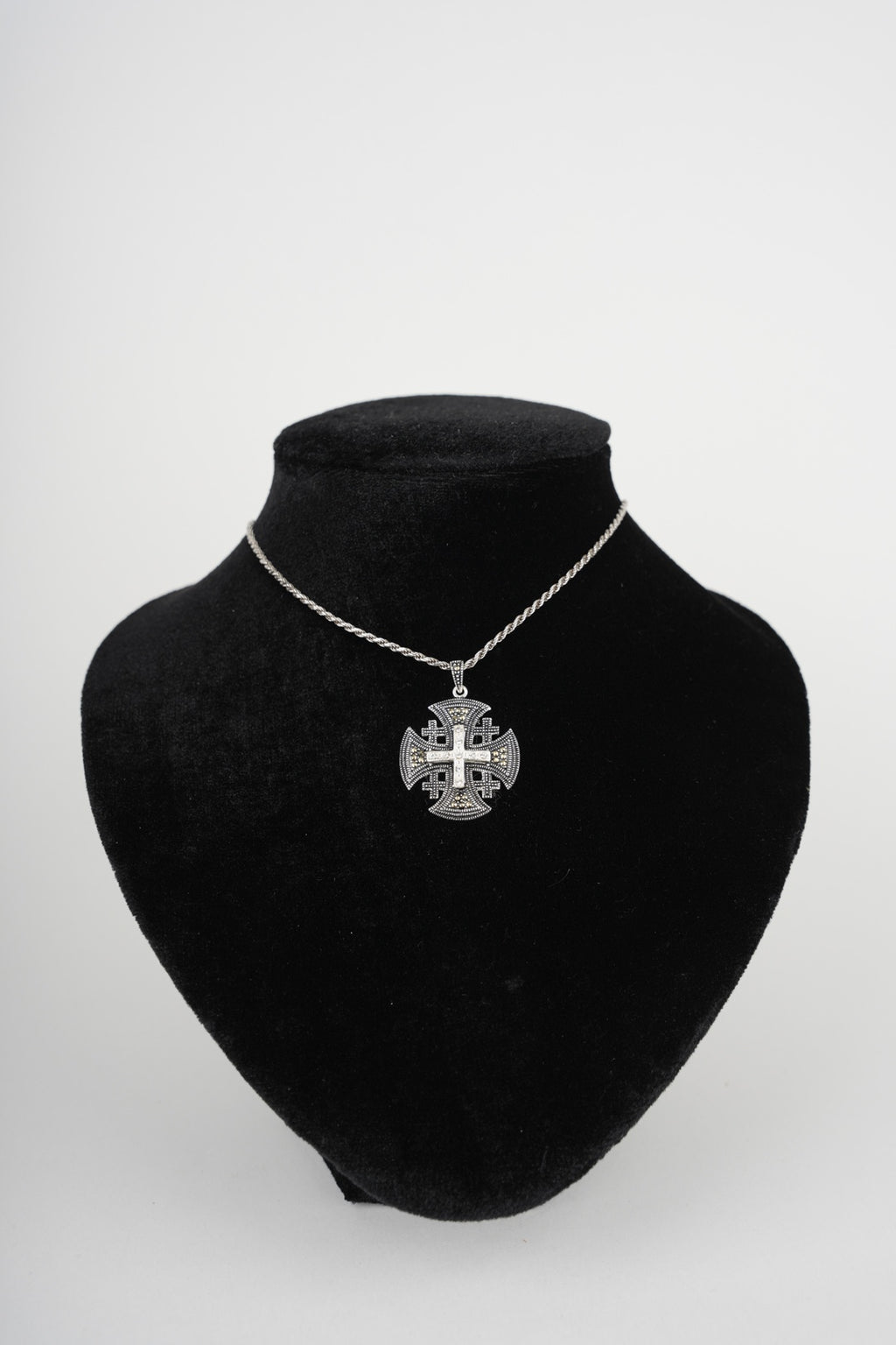 Religious jewelry hand made in Bethlehem Holy Land, side angle of the sterling silver sculpture