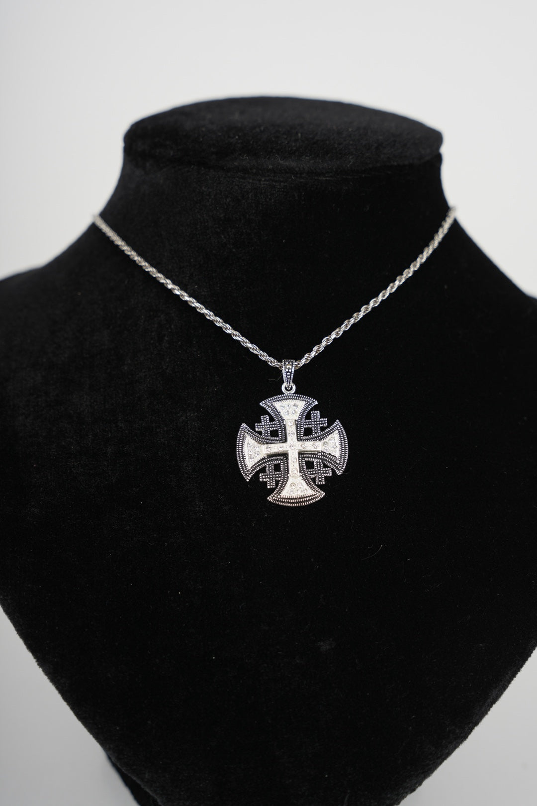 Jerusalem Cross Necklace with White Gemstones Multi Layers (L) Sterling Silver Alisee Pattee