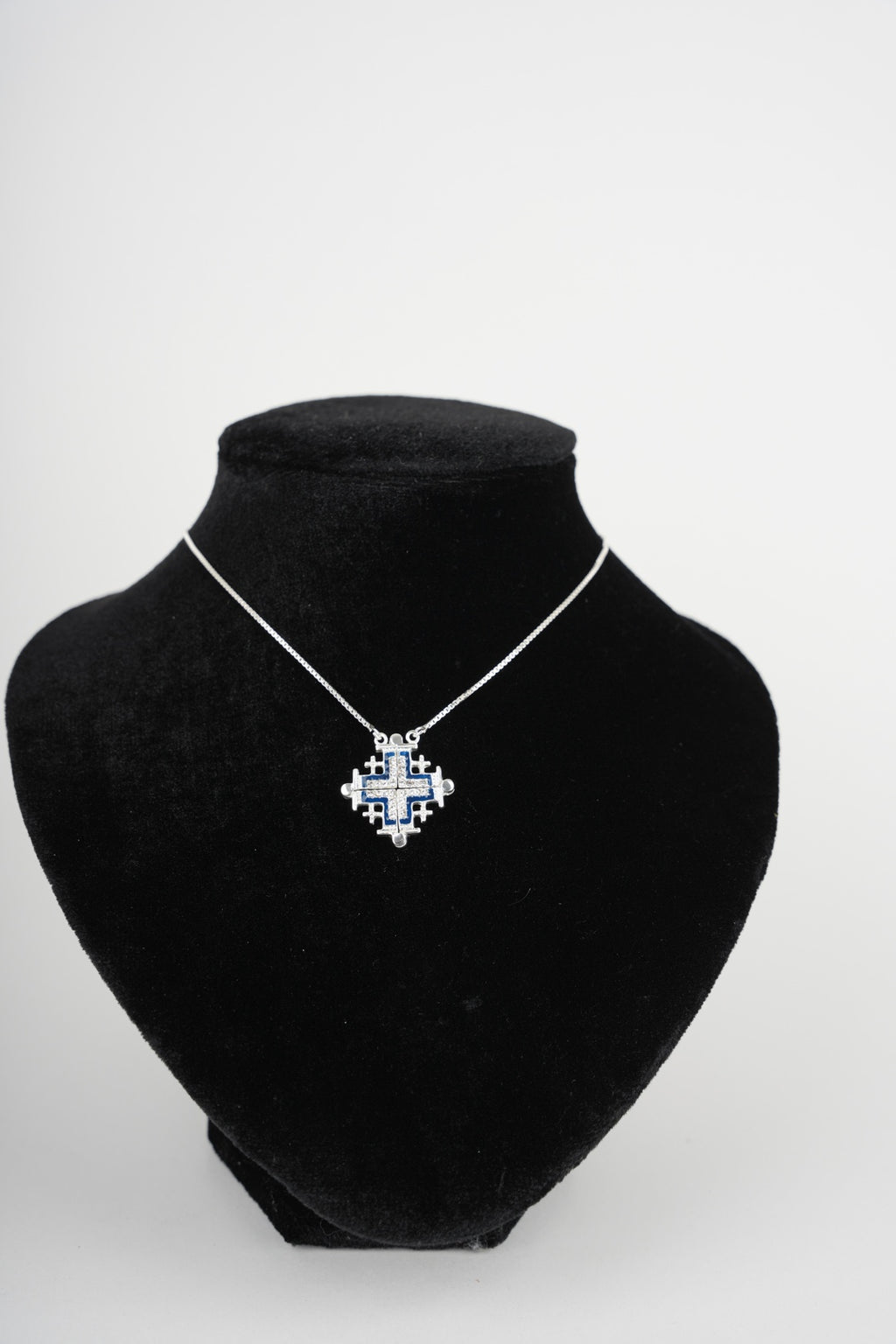 Two-Way Magnetic Dark Blue Jerusalem Cross Necklace (White Gemstones) (L)