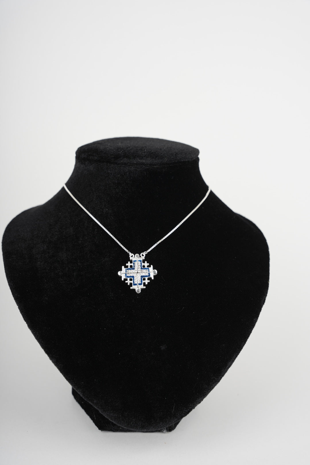 Two-Way Magnetic Dark Blue Jerusalem Cross Necklace (White Gemstones) (L)