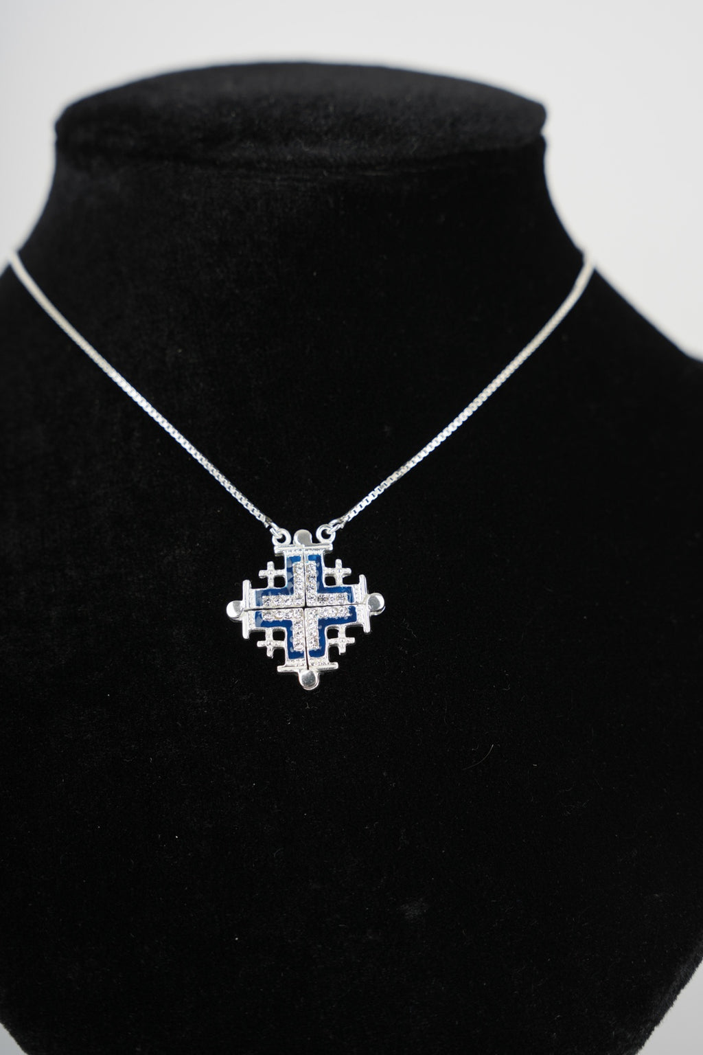 Two-Way Magnetic Dark Blue Jerusalem Cross Necklace (White Gemstones) (L)