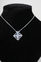 Two-Way Magnetic Dark Blue Jerusalem Cross Necklace (White Gemstones) (L)