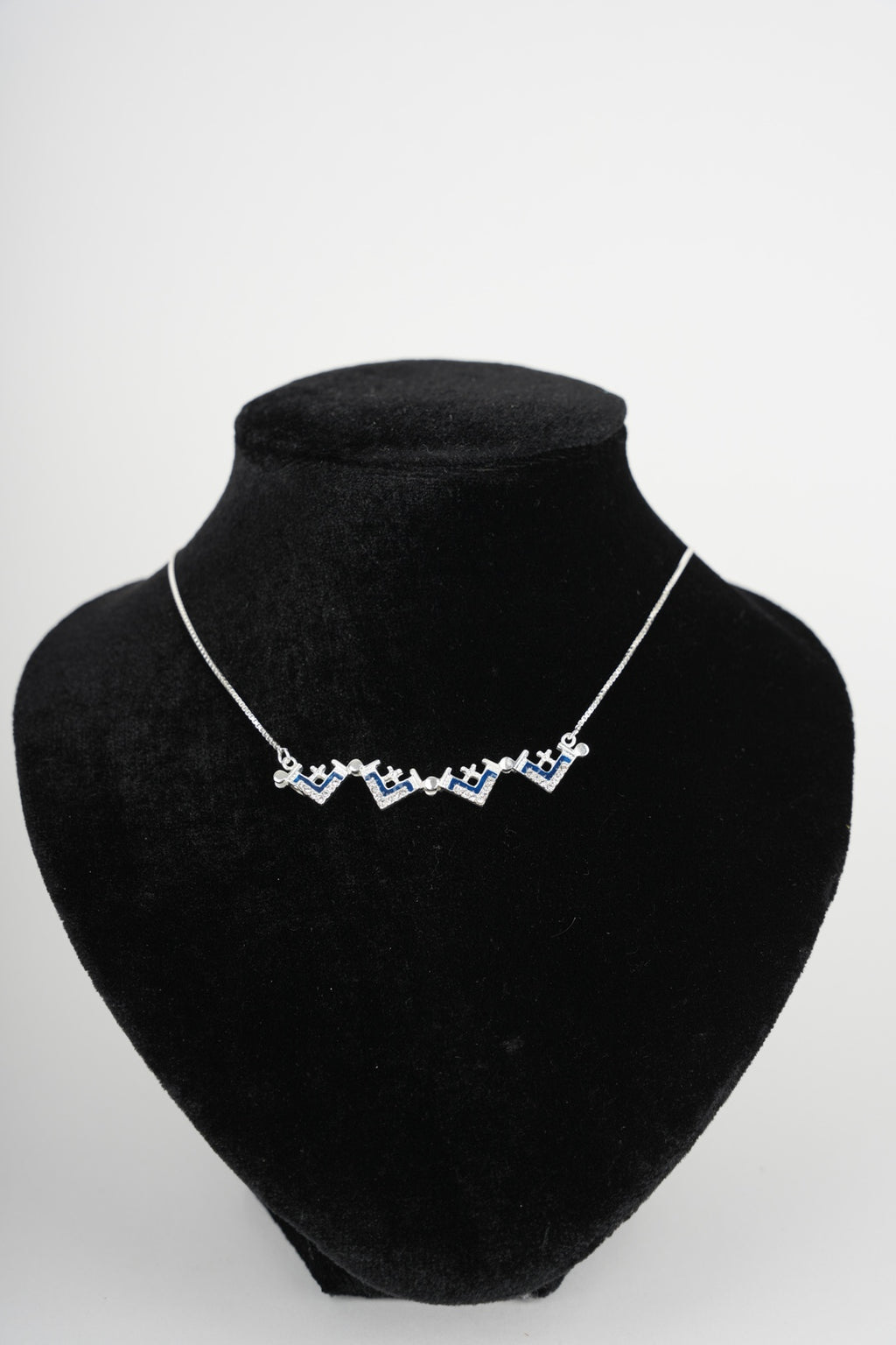 Two-Way Magnetic Dark Blue Jerusalem Cross Necklace (White Gemstones) (L)