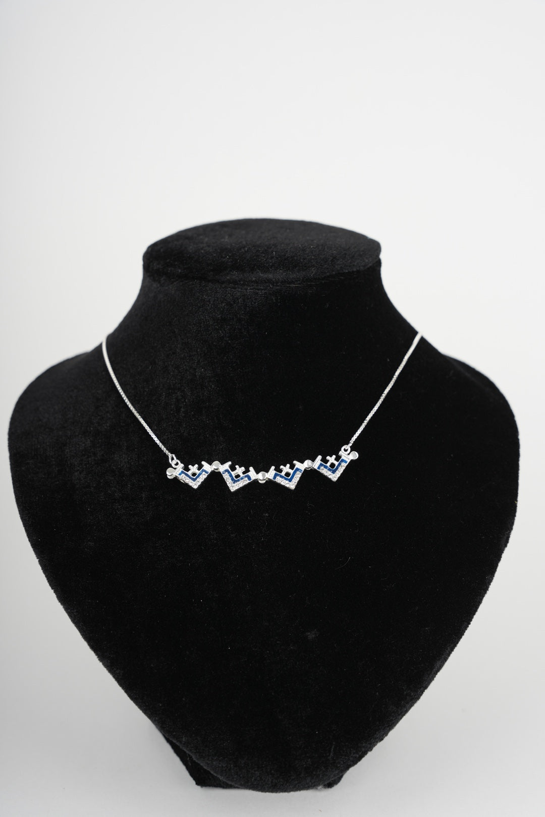 Two-Way Magnetic Dark Blue Jerusalem Cross Necklace (White Gemstones) (L)