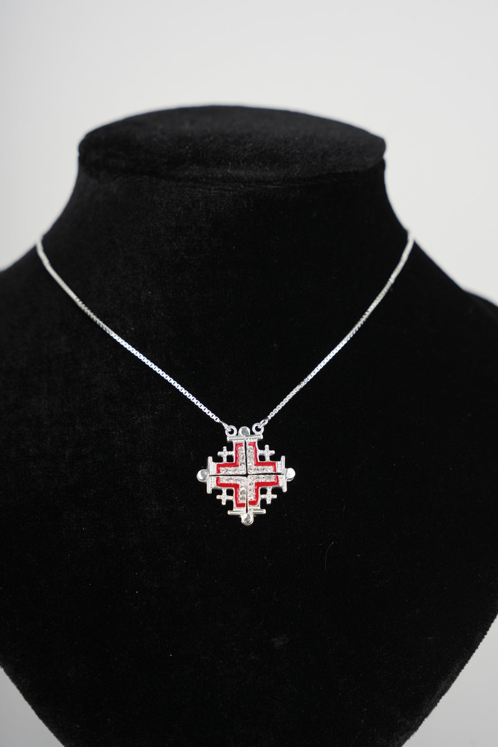 Two-Way Magnetic Dark Red Jerusalem Cross Necklace (White Gemstones)(L)