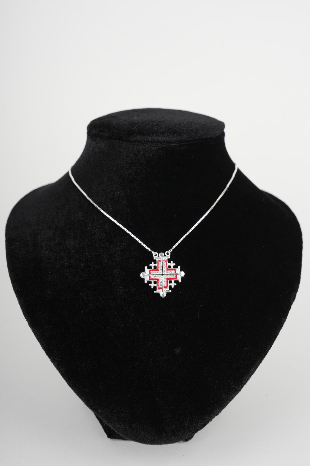 Two-Way Magnetic Dark Red Jerusalem Cross Necklace (White Gemstones)(L)