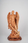 Angel olive wood statue hand carved in Bethlehem, front view of the olive wood masterpiece