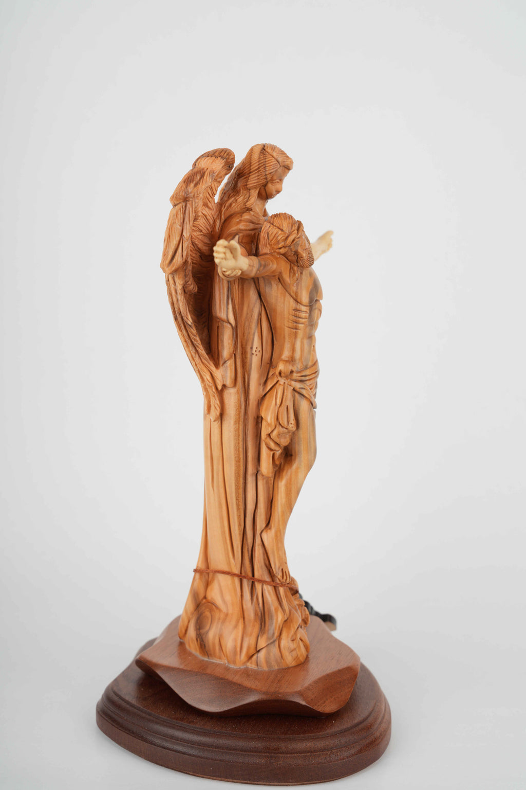 Jesus Christ statue hand carved from Bethlehem olive wood, 11.4 inch three quarter view of the religious piece