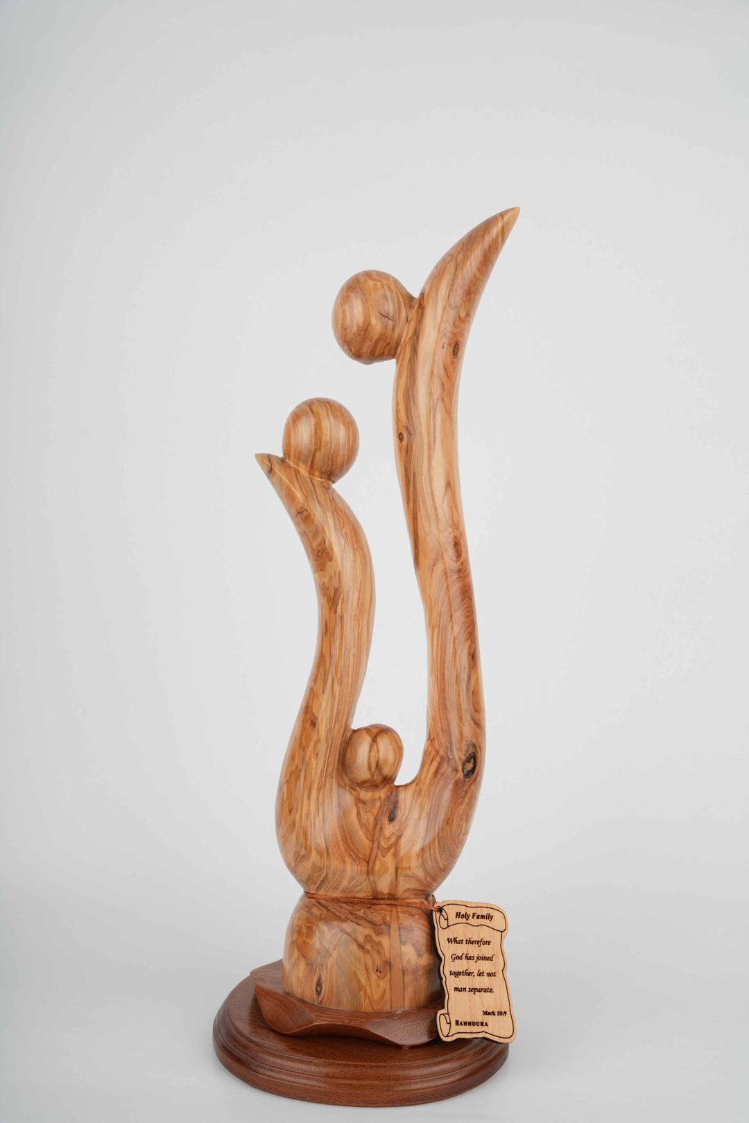 Holy Family olive wood statue hand carved in Bethlehem, 17.5 inch front view of the olive wood masterpiece