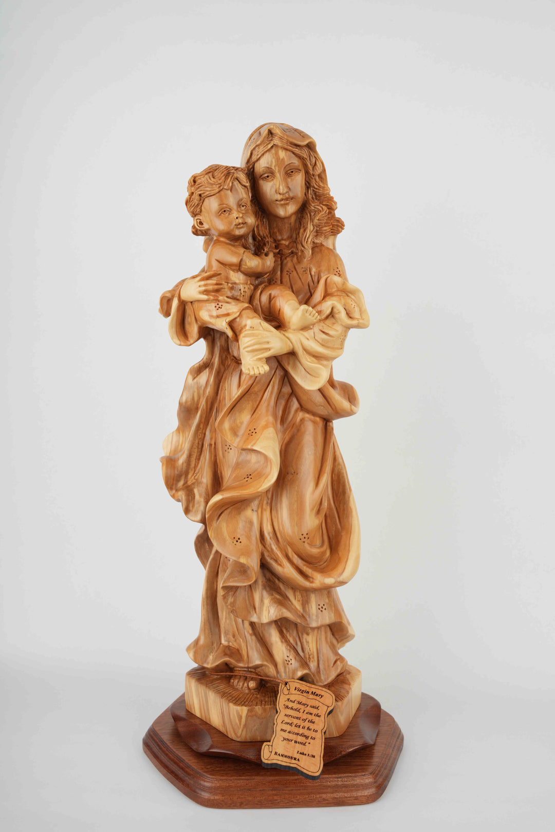Virgin Mary Holding Baby Jesus, 18.9" Carved from the Holy Land Olive Wood