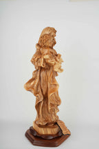 Virgin Mary olive wood statue from Bethlehem hand carved, 18.9 inch side angle of the olive wood sculpture