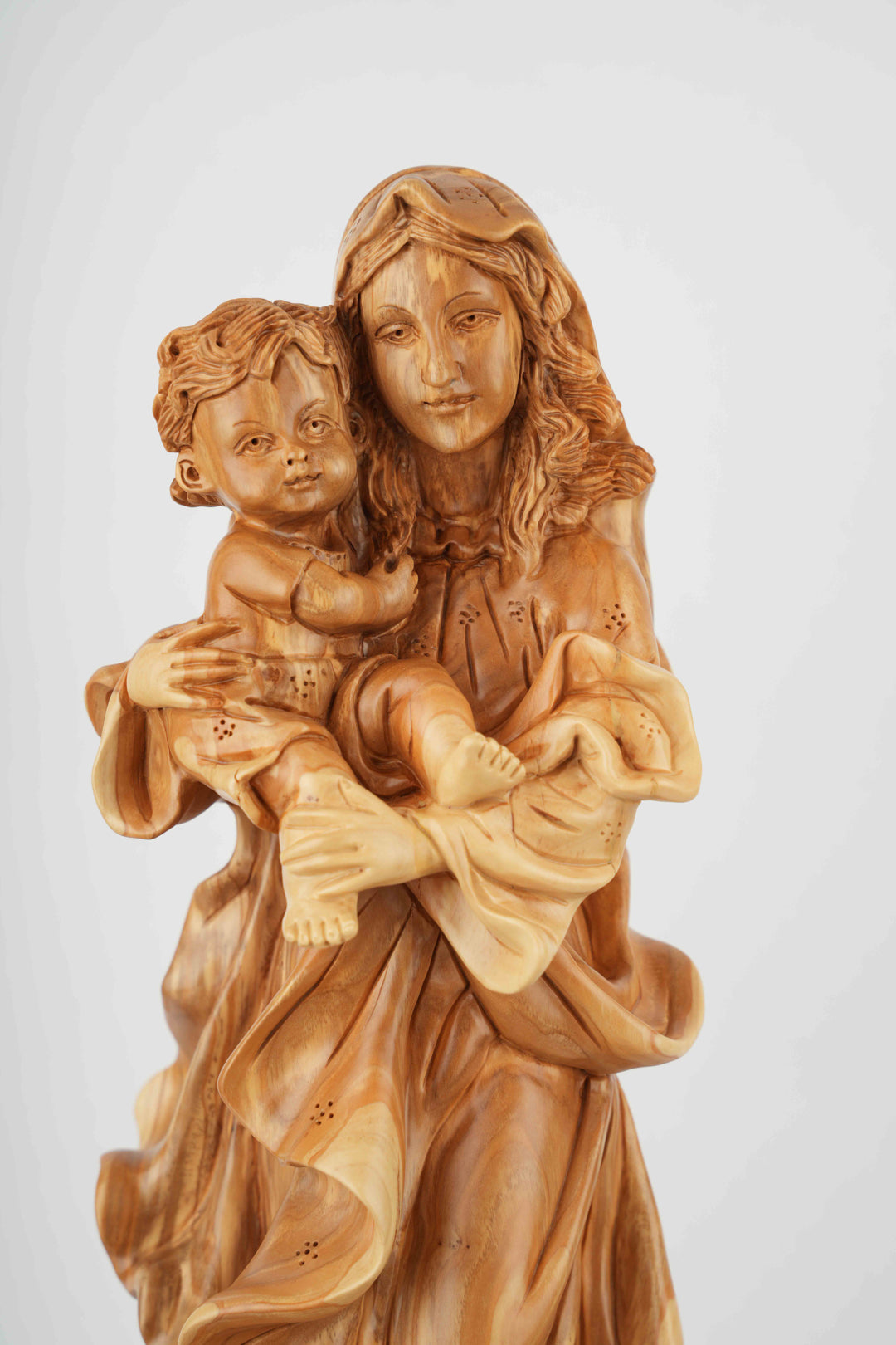 Virgin Mary Holding Baby Jesus, 18.9" Carved from the Holy Land Olive Wood