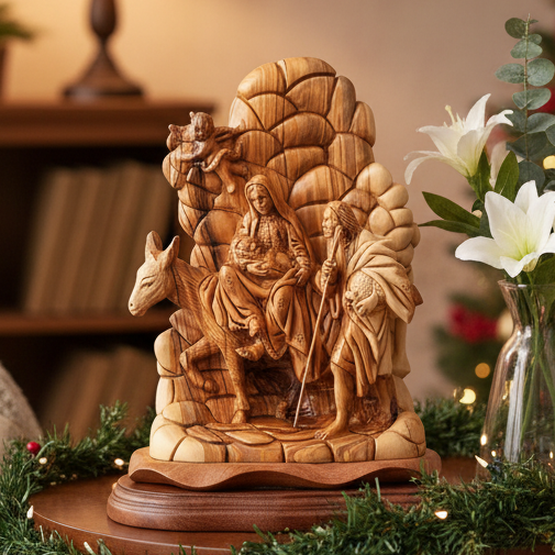 religious olive wood statue hand carved in Bethlehem, 9.4 inch front view of the olive wood masterpiece