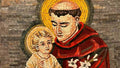Saint Francis mosaic wall art hand made in Bethlehem, front view of the olive wood masterpiece