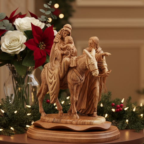 Flight into Egypt, Hand Carved Wooden Statue, 10.8"