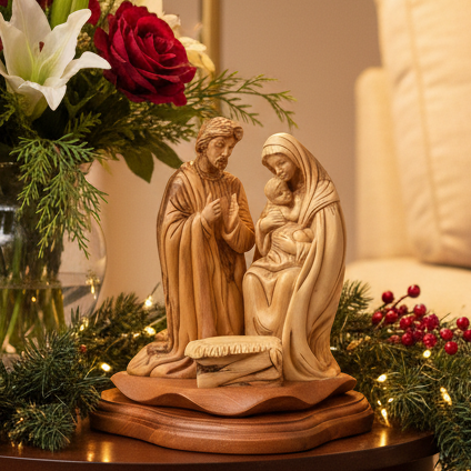Olive wood nativity scene hand carved in Bethlehem, 8.7 inch front view of the olive wood masterpiece