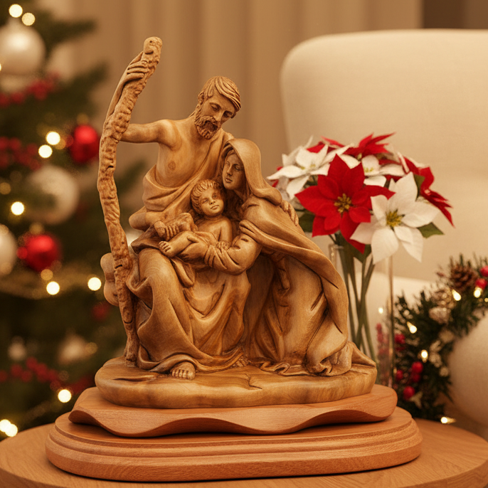 Unique Holy Family, Nativity Scene 10.6" , Wooden Sculpture from Bethlehem