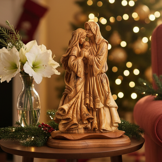 Adoring Holy Family Jesus Christ with St. Joseph and Mary Masterpiece, 13.8" Made from Olive Wood Carved Sculpture from the Holy Land